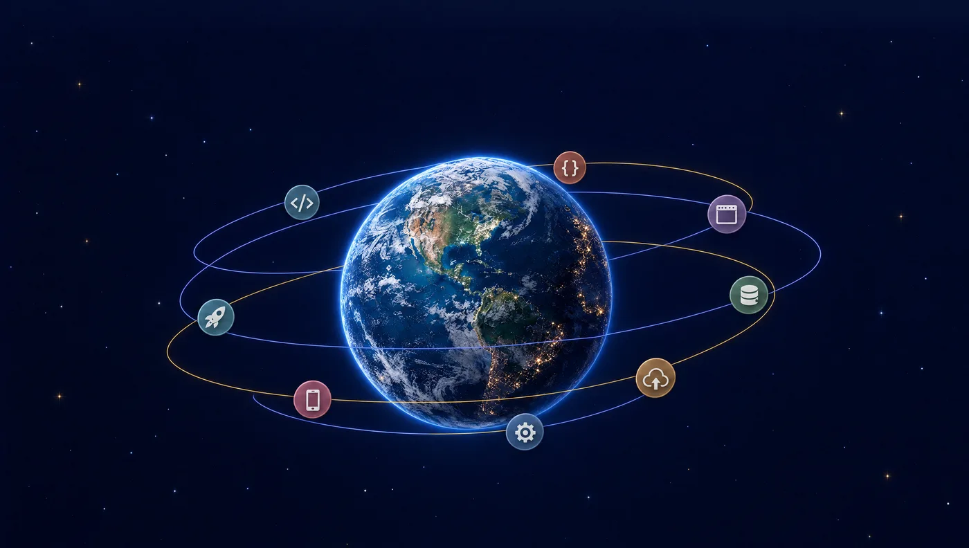 Illustration of Earth in daylight with clouds over the Americas, orbited by badges for code, browser, database, cloud, mobile and launch